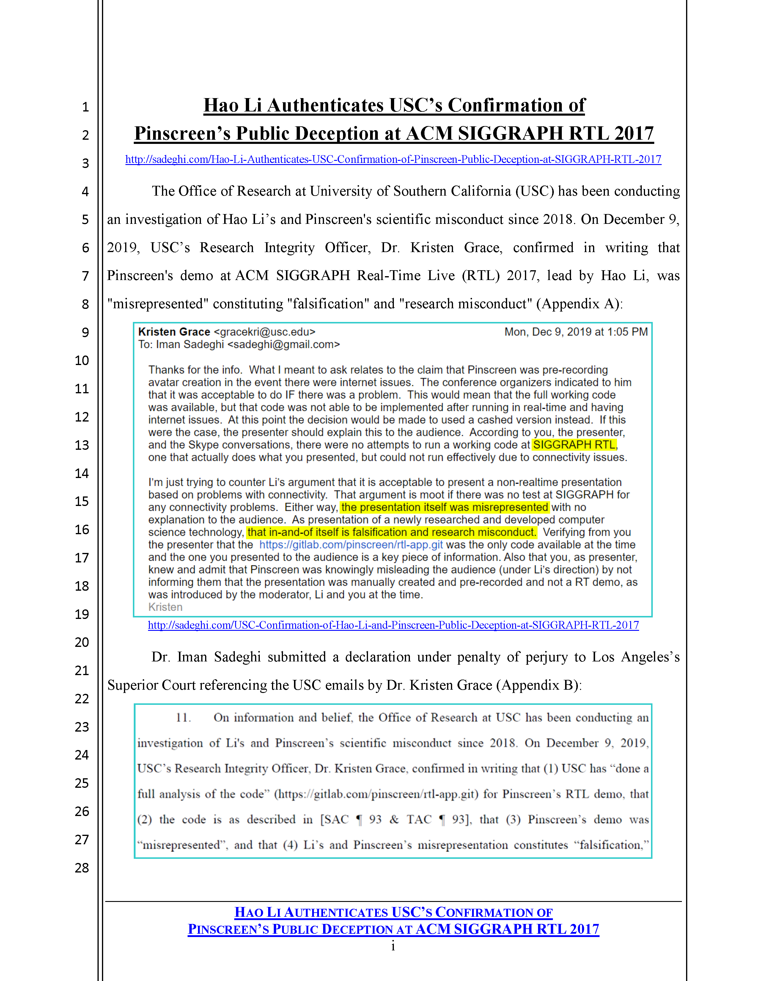 Hao Li Authenticates USC's Confirmation of Pinscreen's Public Deception at ACM SIGGRAPH RTL 2017 Page 1