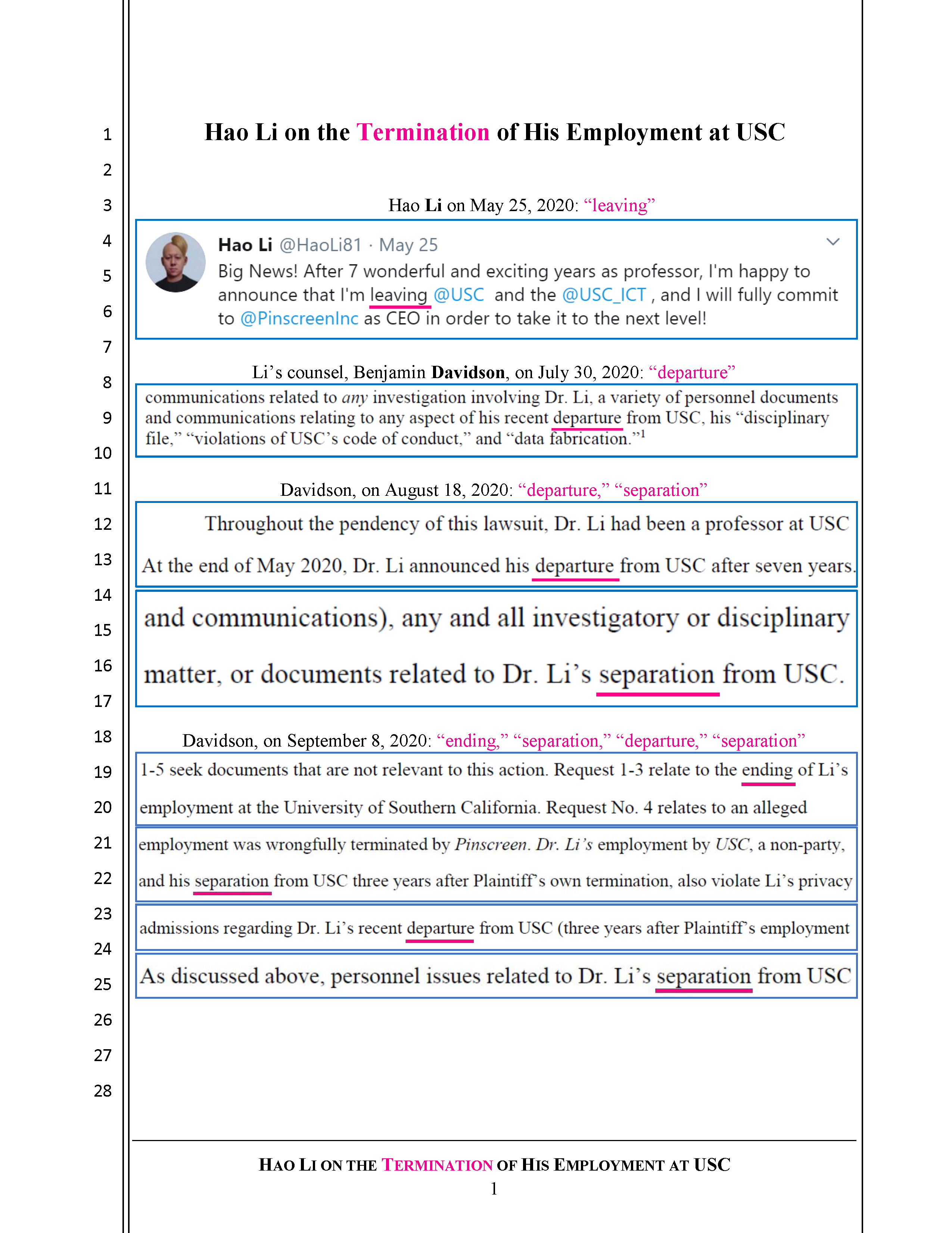 Hao Li on the Termination of His Employment at USC Page 1