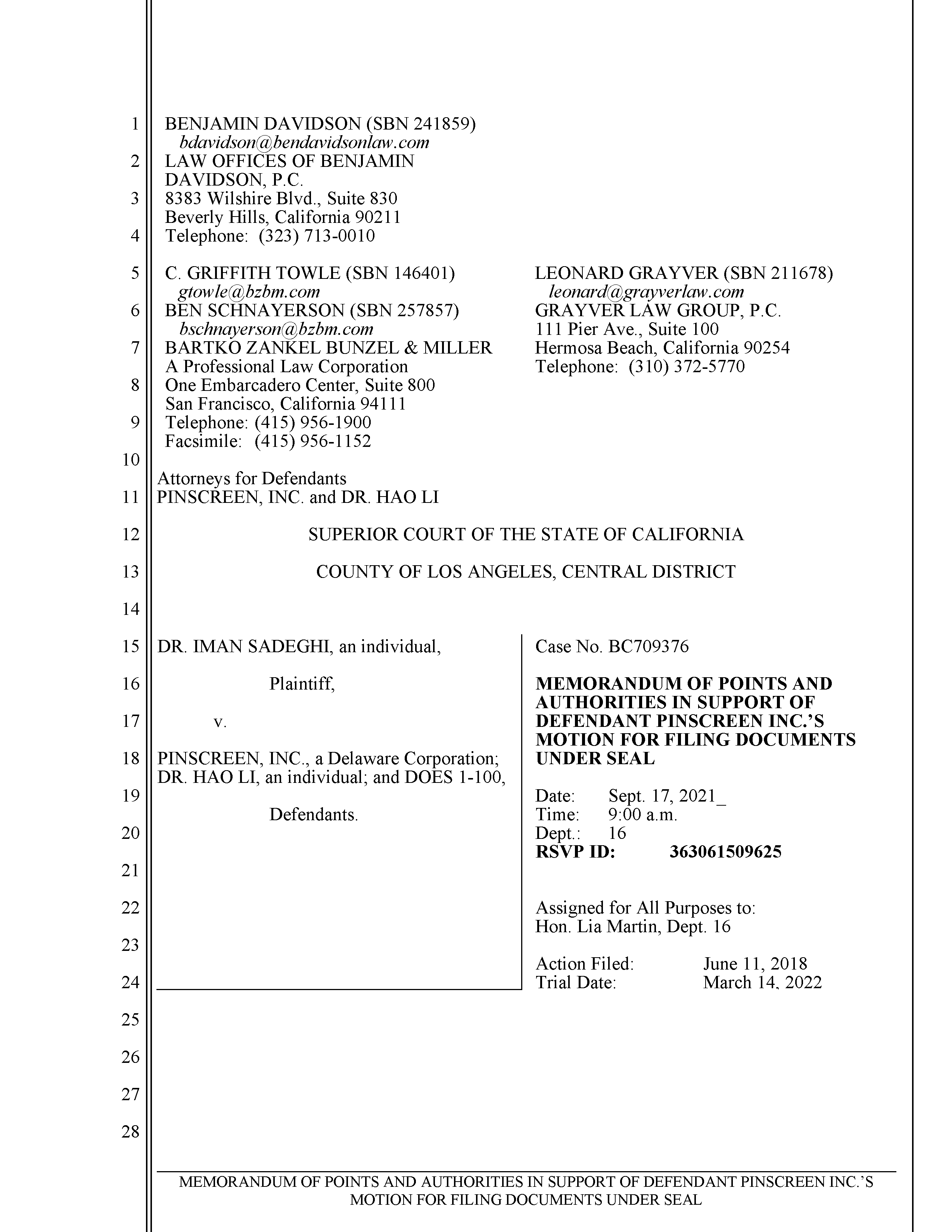 Pinscreen’s Motion to Seal USC’s Investigation of Hao Li’s Scientific Misconduct Page 1